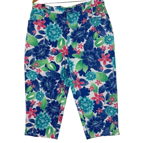 bill blass Pants - Bill Blass Women's Bold Floral Capri Pants Sz 16 Hi Rise Blue Pink Green Cotton